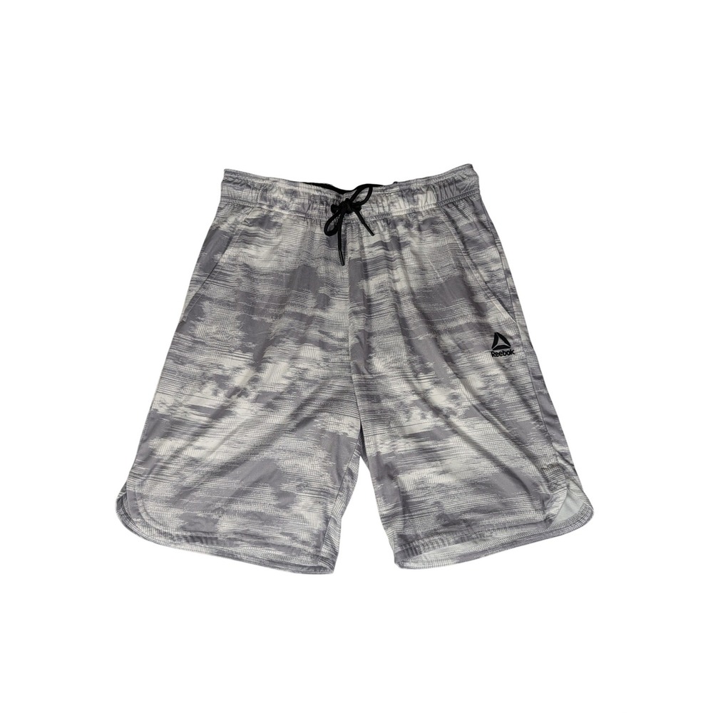 Reebok Mens Grey White Abstract Glitch Print Athletic Training Shorts Drawstring